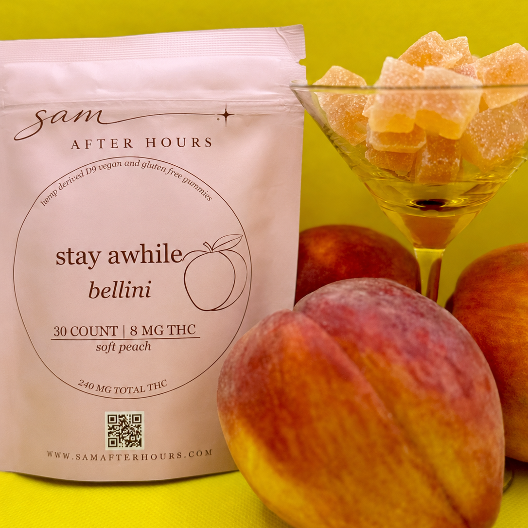 stay awhile soft peach bellini hemp-derived THC gummies with fresh peaches