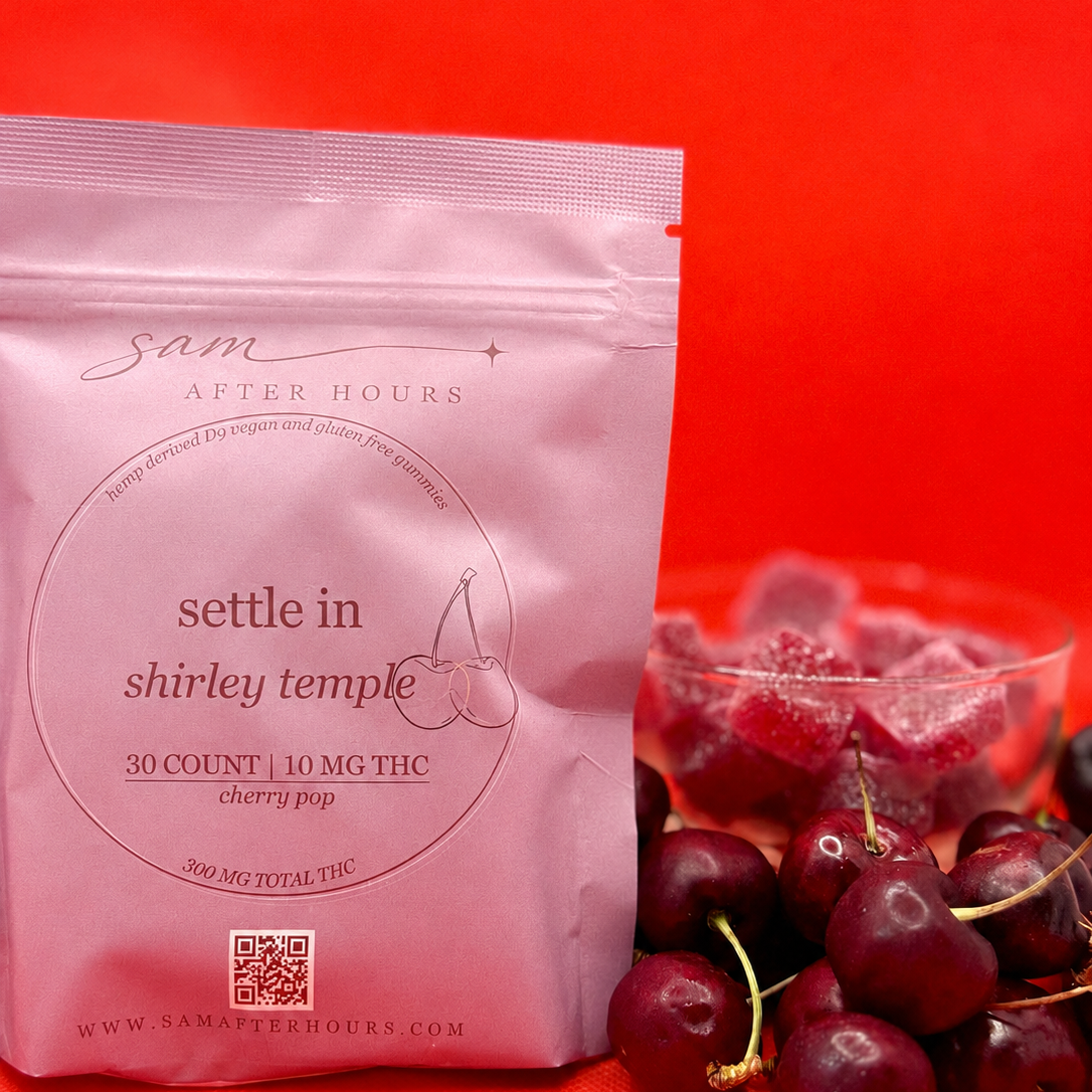 settle in cherry pop hemp-derived THC gummies with fresh cherries