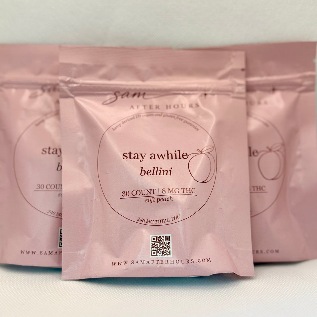 weekend lineup bundle with three bags of stay awhile soft peach bellini THC gummies