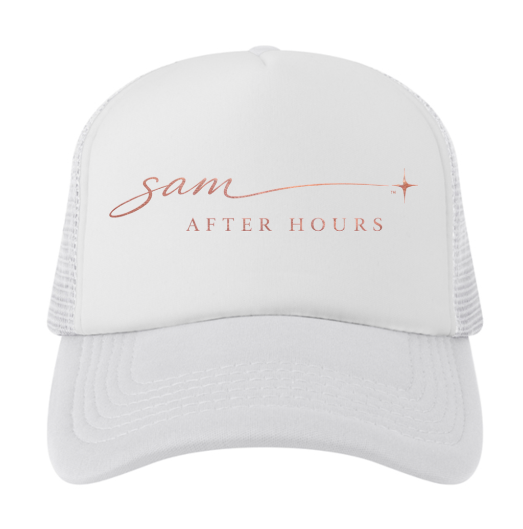 sam after hours trucker hat White hat with rose gold logo