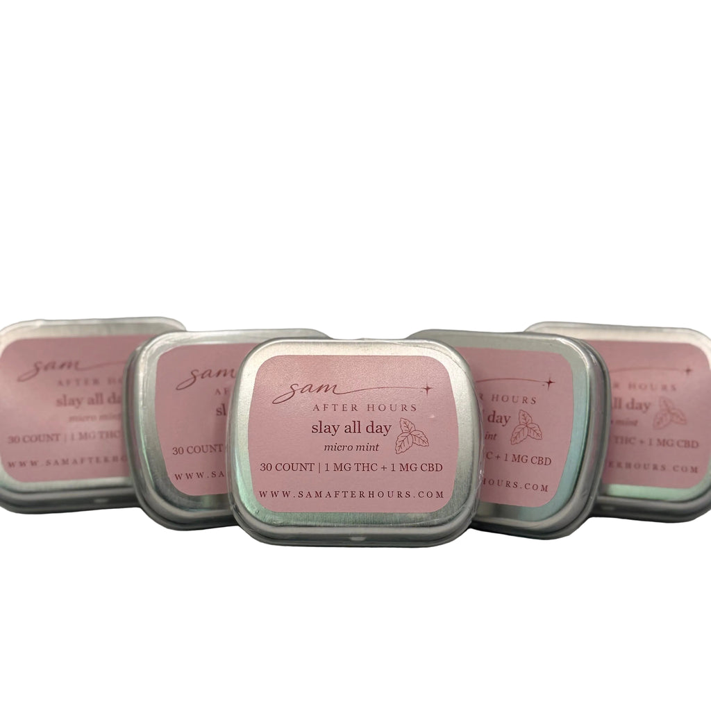 bridal party bundle with five slay all day microdose THC and CBD mint tins