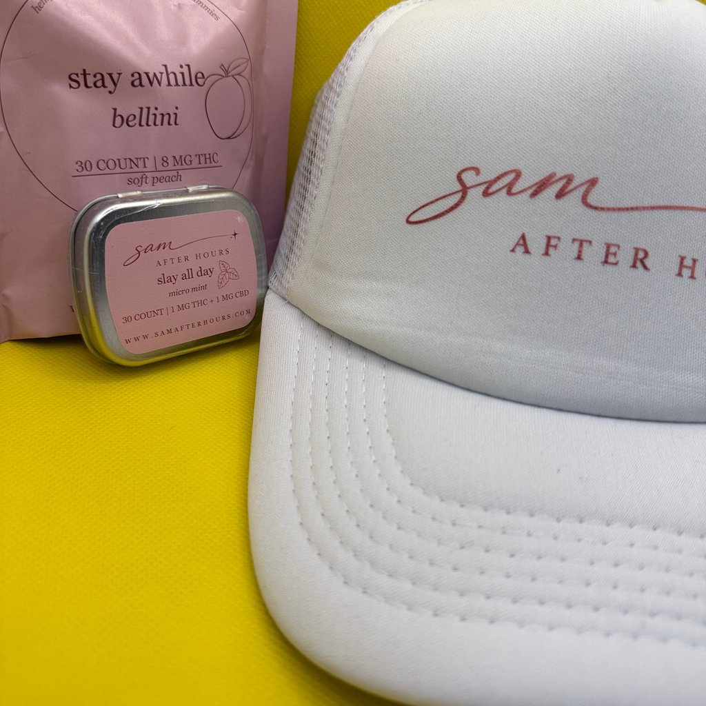 sam after hours trucker hat white with rose gold logo